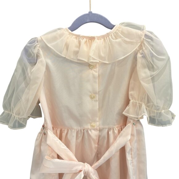 Polly Flinders Pink Smocked Dress With Sheer Puff Sleeves & Floral Accents 6X - Picture 7 of 11